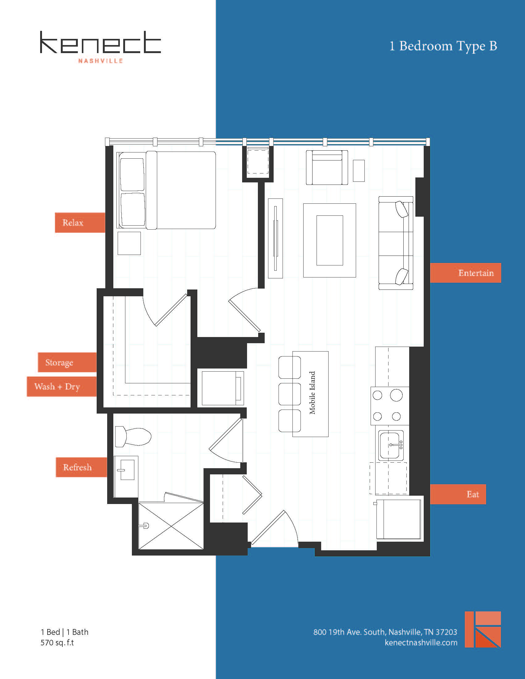 Floor plan for 1 bed, 1 bath, 603 sqft